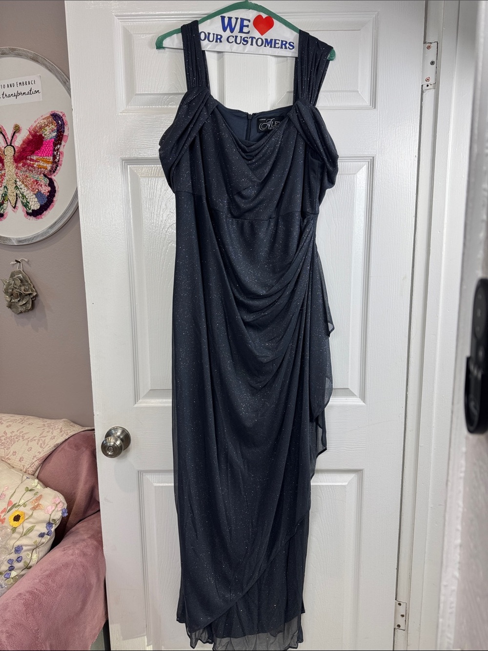 Alex Evenings Black Sparkle Draped Evening Maxi Dress